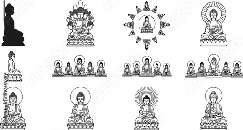 Set of Meditating Buddha Illustrations Featuring Detailed Line Art and Black Silhouettes with Lotus Thrones and Halo Symbols for Zen Spiritual Graphic Designs