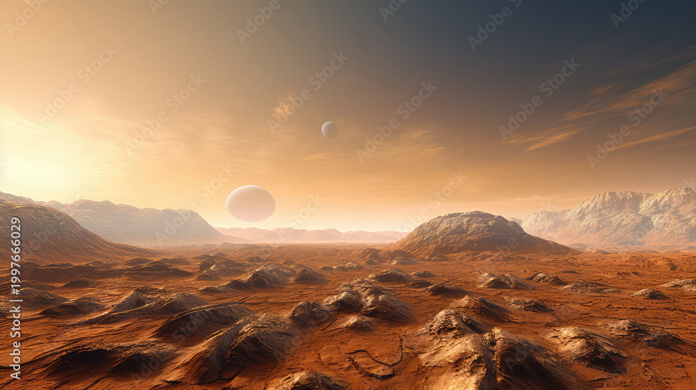 Obraz premium Terrestrial planet surface with rugged rocky terrain stretching to the horizon under a vast orange sky, twin moons rising above a remote, alien desert landscape