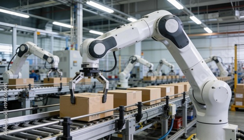 Robotic arms sorting packages on conveyor belt in modern warehouse automation