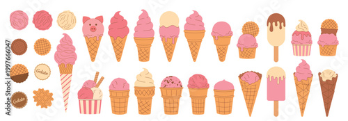 Summer hand drawn Ice Cream Clipart collection for ice cream day. Soft strawberry, raspberry, vanilla gelato, melted scoop in waffle cone on white background. Isolated flat Vector illustration EPS10