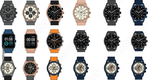 Large Collection of Modern Analog Wristwatches and Digital Smartwatches Featuring Various Dial Designs and Colorful Straps for Time Management and Fashion Accessory Projects