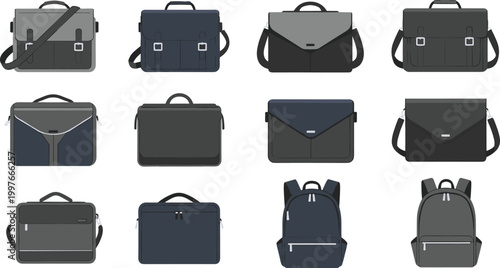 Collection of Modern Laptop Briefcases Messenger Bags and Office Backpacks Featuring Various Compartments and Stylish Designs for Business Travel and Daily Commute