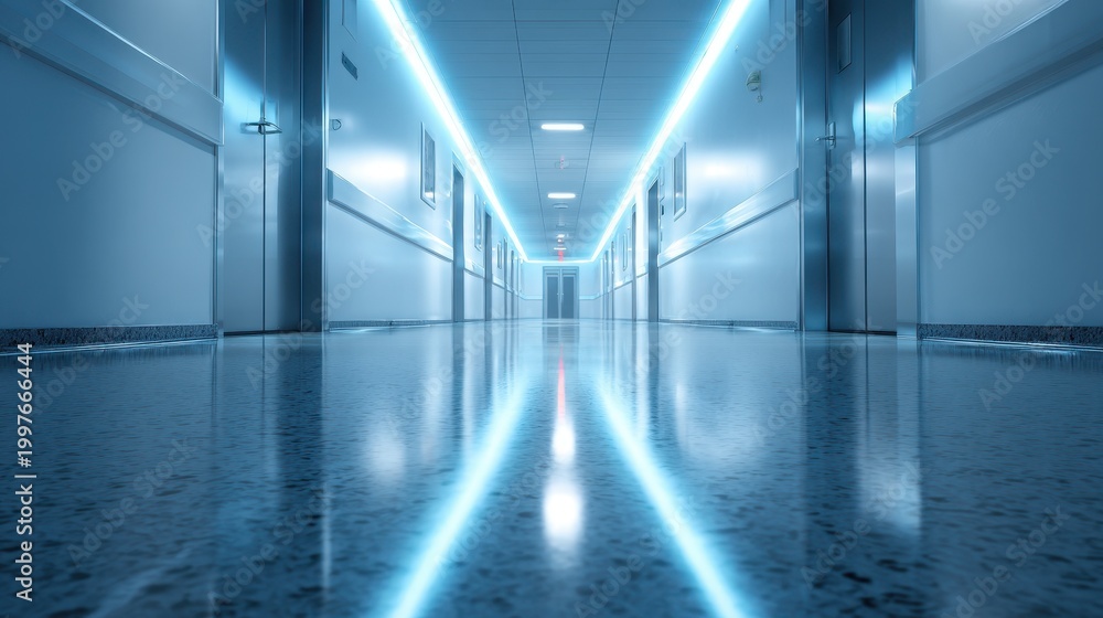 Fototapeta premium Empty hospital corridor bathed in cool neon blue lighting with soft background blur