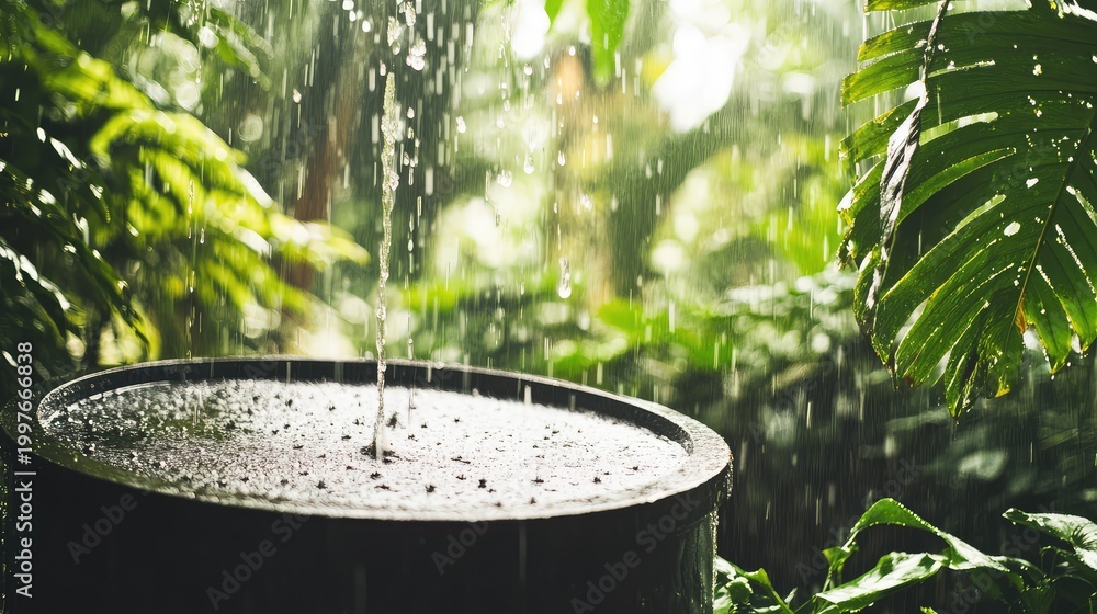 Fototapeta premium Rainwater collecting in a garden barrel among lush tropical foliage, showcasing sustainable water preservation, eco friendly conservation, and the humid, refreshing monsoon atmosphere