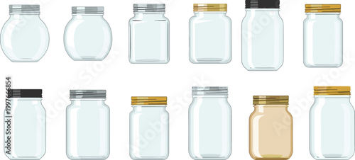 Set of Glass Jar Illustrations Featuring Various Shapes and Lid Designs Including Round Square and Mason Jars for Kitchen Food Storage and Organization Graphic Projects