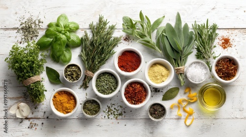 Fresh herbs paired with spice cups creating a vibrant kitchen flat lay scene