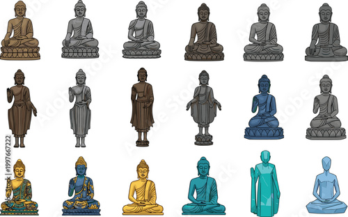 Set of Buddha Statue Illustrations Featuring Various Mudras and Poses Including Meditating and Standing Figures in Stone Gold and Jade Finishes for Spiritual and Zen Graphic Designs