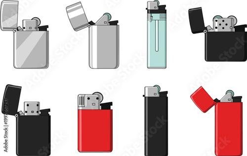 Set of Lighter Illustrations Featuring Various Designs Including Metal Flip Top Lighters and Disposable Plastic Torches in Red Black and Silver for Smoking and Outdoor Camping Designs