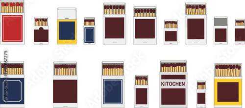 Set of Matchbox Illustrations Featuring Various Sizes and Colorful Packaging Designs with Open Boxes and Matchsticks for Kitchen Household and Camping Graphic Designs