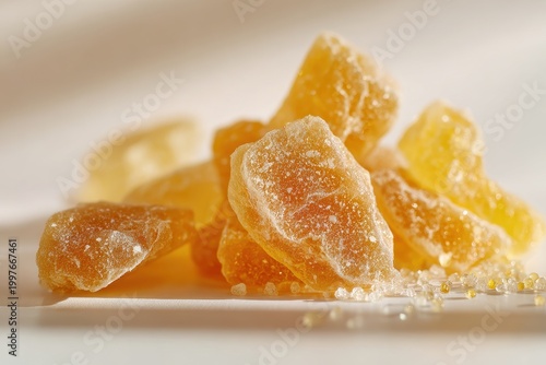 Close-up still life of ginger candy pieces with sugar crystals