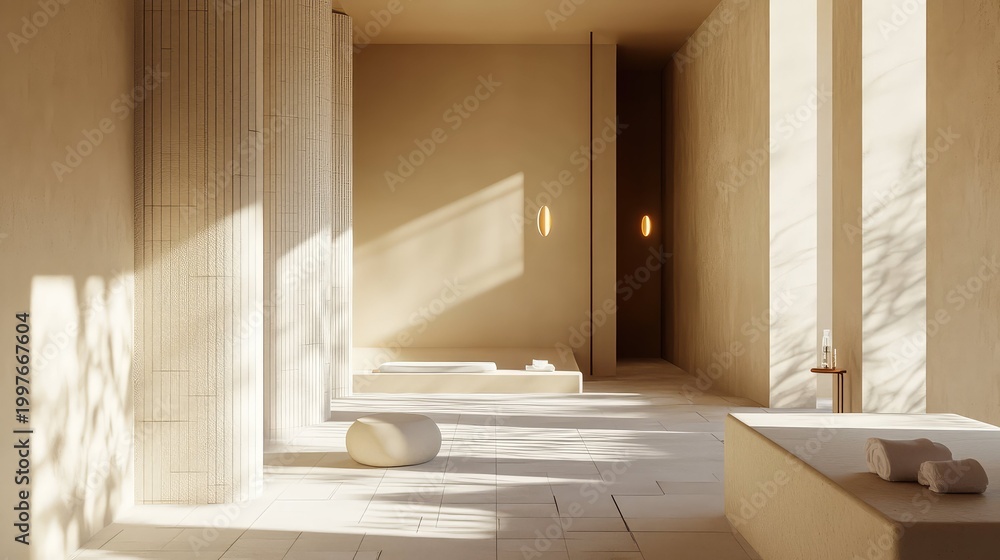 Fototapeta premium Modern wellness center interior offering a calming environment with minimalist design, soft light and shadow play, soothing colors, and essential elements for relaxation and luxury