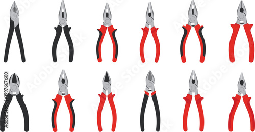 Set of Pliers Illustrations Featuring Various Types Including Needle Nose and Combination Pliers with Red and Black Handles for Hardware Repair and Industrial Graphic Designs