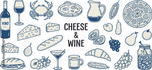 Hand drawn cheese wine and food with text cheese and wine drink vintage
