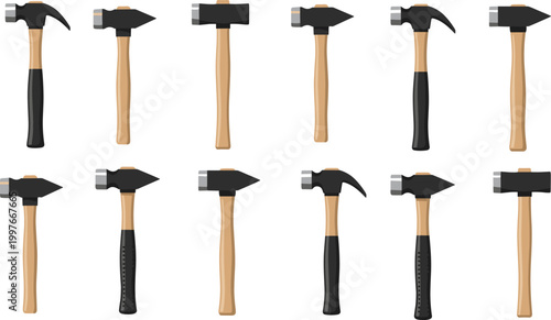Set of Hammer Illustrations Featuring Various Types Including Claw Ball Peen and Sledge Hammer with Wooden Handles for Carpentry Construction and Hand Tool Graphic Designs