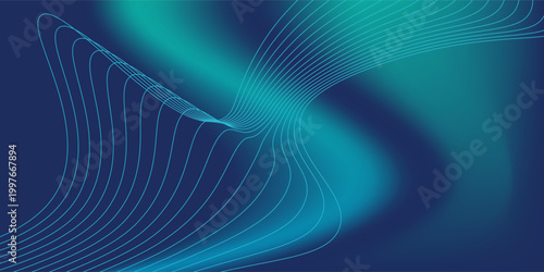 Dynamic abstract blue and green gradient background featuring elegant flowing white lines, ideal for modern technology presentations, corporate branding, or digital art projects