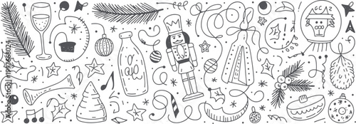 Hand drawn doodle christmas and new year with nutcracker and champagne glass