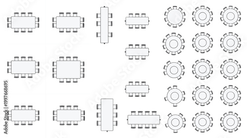 View collection of various table and chair arrangements for event planning and interior seating layout
