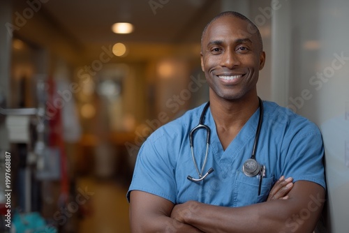 Friendly Black male doctor in blue scrubs with stethoscope, arms crossed in a hospital portrait