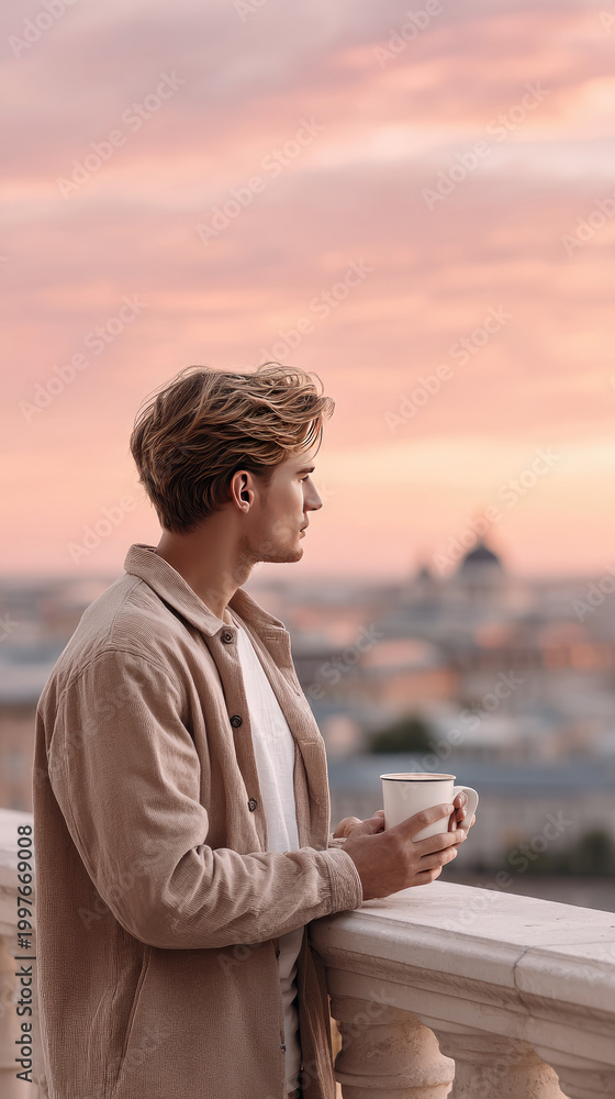 Fototapeta premium Young man standing on a balcony with a coffee mug, gazing across a classic European city at sunrise or sunset, finding a peaceful moment during his urban travel experience