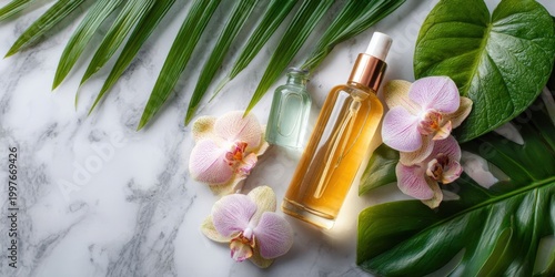 Natural Organic Spa Cosmetics with Orchid and Tropical Leaves on Marble Background