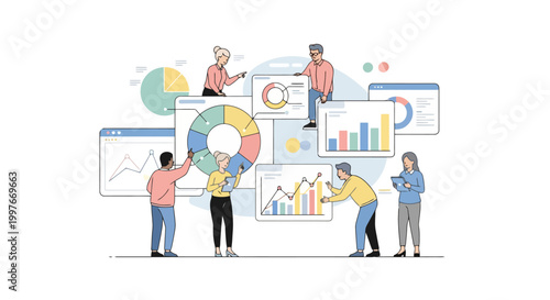 Business professionals analyzing data and financial charts on digital screens