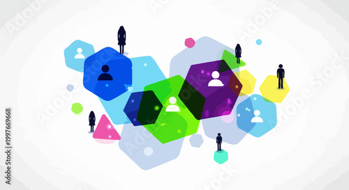 Abstract network connections with people icons in hexagonal shapes on a white background