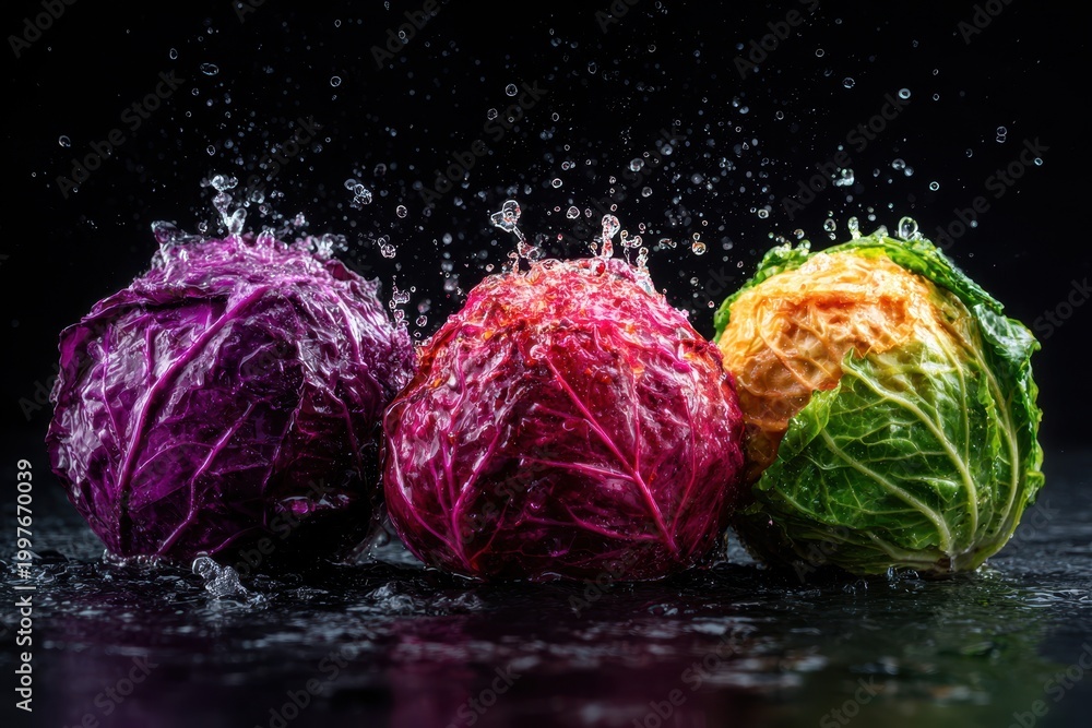Fototapeta premium Water-splashed colorful cabbages