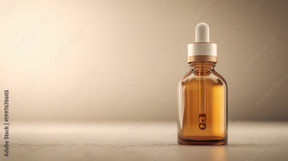 Fototapeta premium Amber glass dropper bottle with blank label on neutral surface for product mock-up