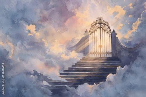 Golden gate of light rising from misty clouds