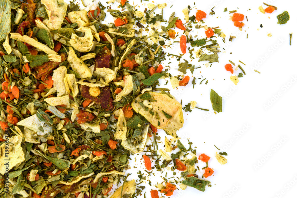 Obraz premium Dried vegetables and herbs mix spice isolated on white background.