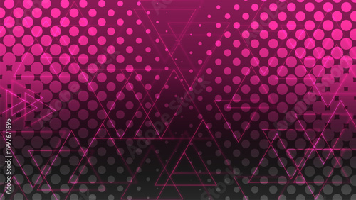 Abstract magenta neon geometric background with glowing triangles and halftone pattern. Futuristic cyberpunk vector illustration for technology, digital wallpaper, and modern poster design.