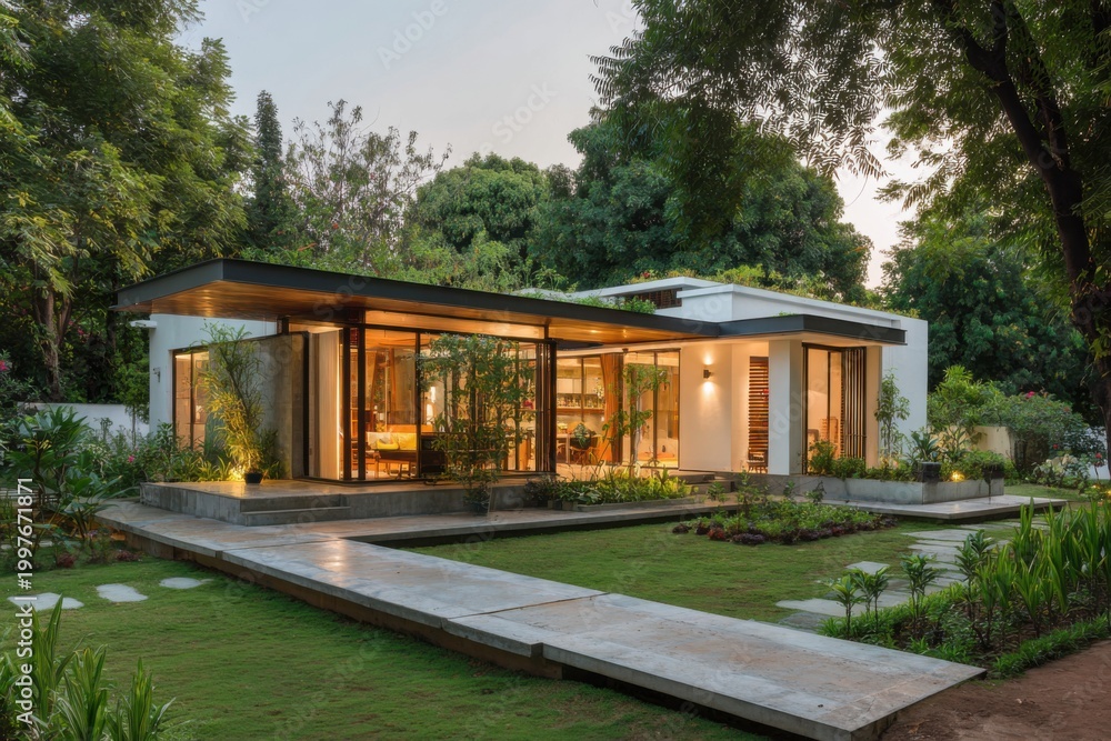 Fototapeta premium Modern house design in a green setting featuring large glass windows and a clean layout during evening light in an urban neighborhood