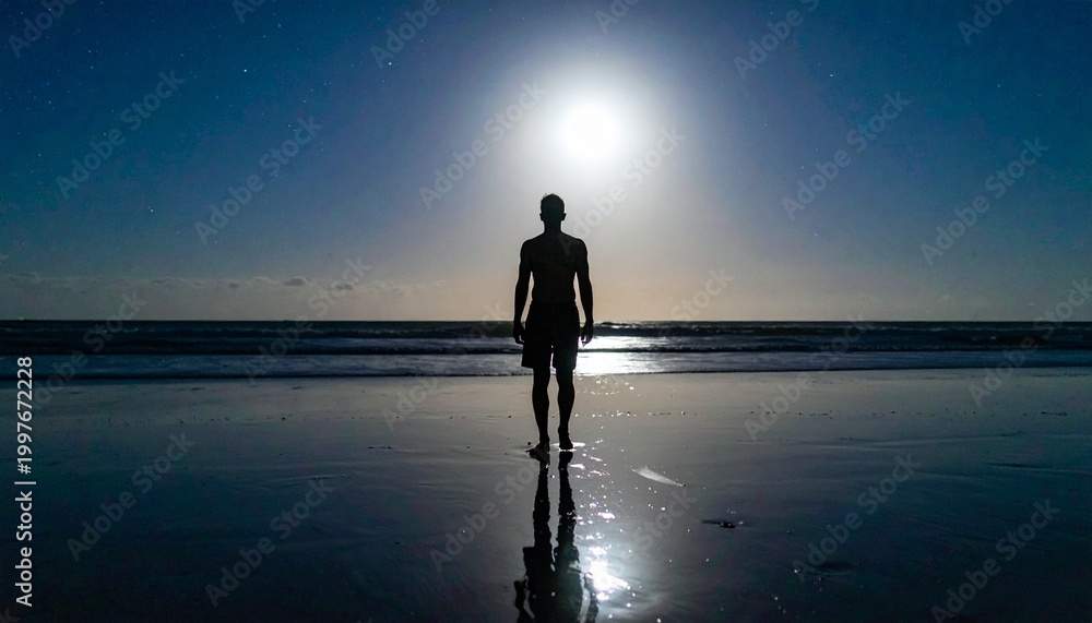 Fototapeta premium A lone person walks towards the sunset on a serene beach at dusk.