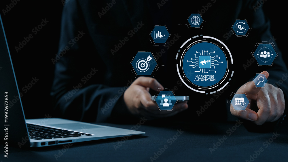 Fototapeta premium Marketing automation diagram showcase AI-driven campaign workflow, highlight marketing automation, data-driven strategy, marketing automation tools, and market automation process in business. Elide