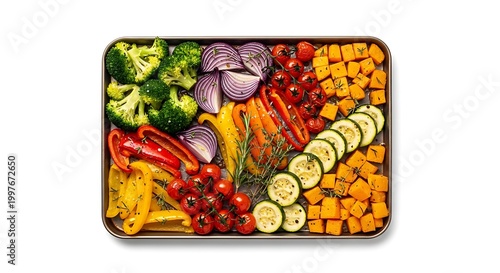 Assorted vegetables arranged on a tray with a white background