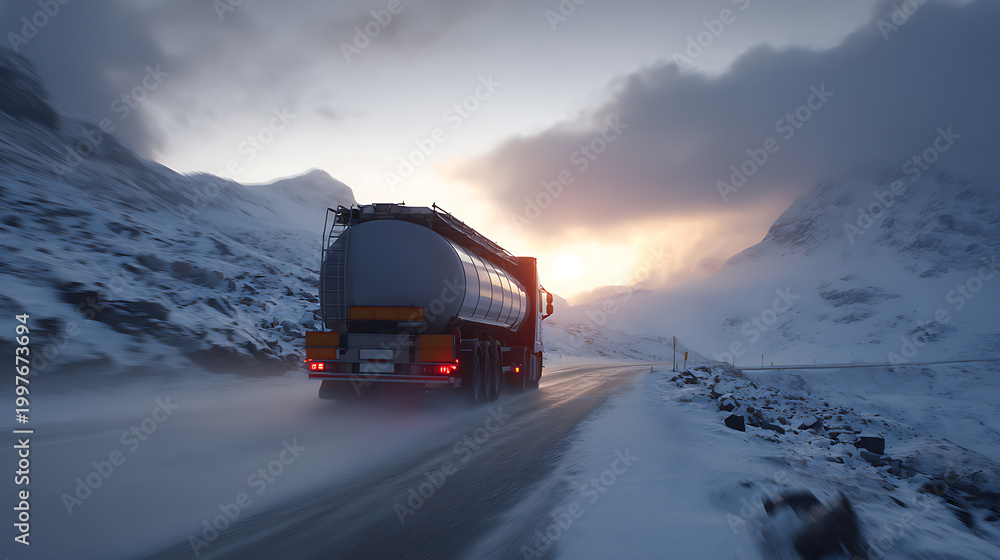 Obraz premium Road tanker transport through a dangerous frozen mountain pass at sunrise or sunset. Heavy vehicle on a snowy road with beautiful light