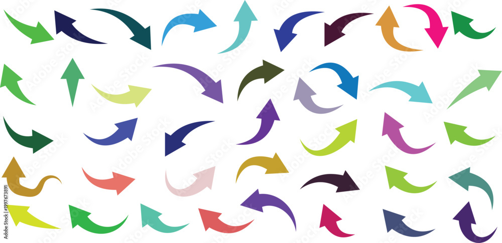 Fototapeta premium Collection of colorful curved arrows in various directions and shapes on white background