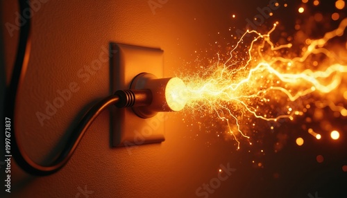 Electric plug sparks powerfully from wall outlet. Bright orange energy arcs erupt from socket, creating dangerous electrical discharge effect. Power surge or short circuit concept.