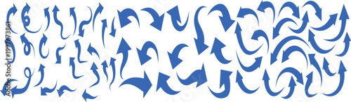 Set of hand-drawn blue arrows with various curved, swirling, and directional shapes