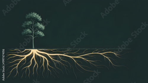 Deep-rooted Foundation: A symbolic depiction of a tree with expansive roots, illustrating growth, stability, and the interconnectedness of life.