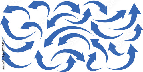 Set of blue curved arrows pointing in various directions on a plain white background