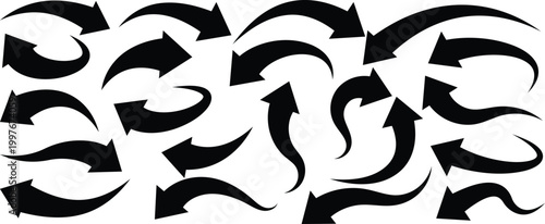 Collection of black curved arrows, various directions and shapes on white background