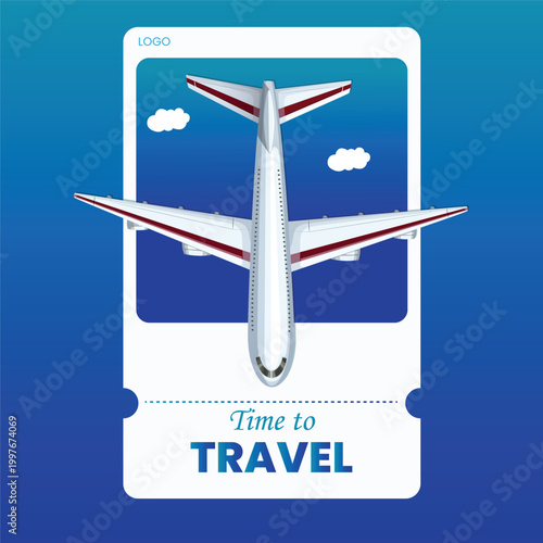 Airplane Travel Poster Design with “Time to Travel” Text and Boarding Pass Style Layout