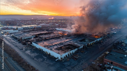 Desolate aftermath of a large warehouse fire seen from above in a busy logistics zone