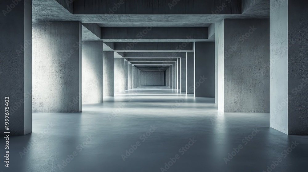 Fototapeta premium Concrete structure creating an impactful visual perspective, with natural light illuminating the minimalist design and forming dramatic shadows, conveying depth and spaciousness