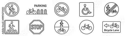 icon; vector; outline; set; collection; isolated; symbol; sign; flat; design; traffic; road; sign; symbol; warning; prohibition; pedestrian; bicycle; parking; stop; direction; safety; transport; stree