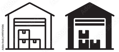 warehouse building icon set, storage facility with boxes for logistics and inventory, outline and filled vector collection isolated on transparent background