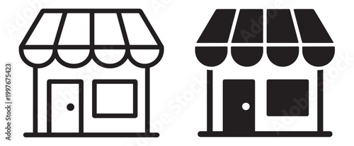 shop storefront icon set, retail store building with awning and entrance, outline and filled vector collection isolated on transparent background