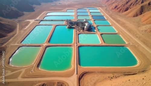 Industrial evaporation ponds with turquoise water in desert. Salt and minerals extraction for lithium production. Remote mining facility landscape.