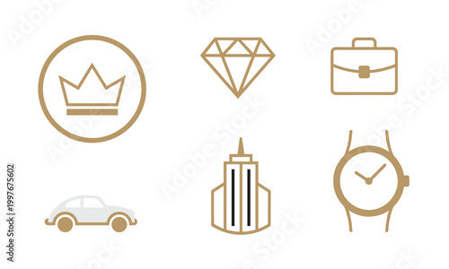Luxury, business, lifestyle, icons, set, featuring, crown, diamond, briefcase, car, skyscraper, watch, symbol, success, wealth, corporate, elegant, gold, isolated, vector.